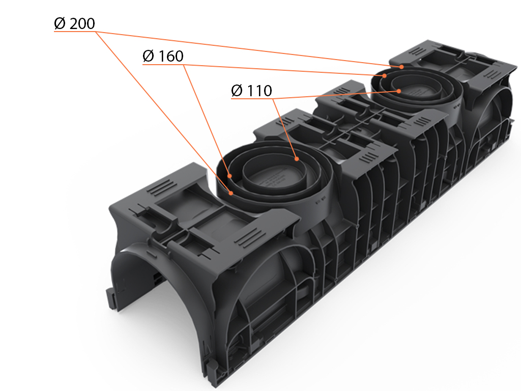 Лоток водоотводный пластиковый BASE DN200 H200 с решеткой чугунной щелевой класс нагрузки C250